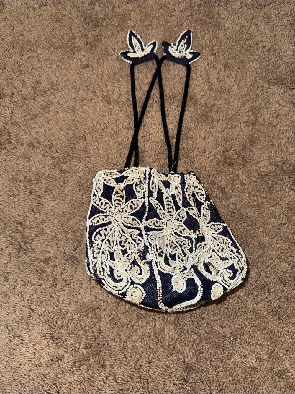 Black Beaded Floral Drawstring Evening Bag cinch top nylon straps ornate vintage